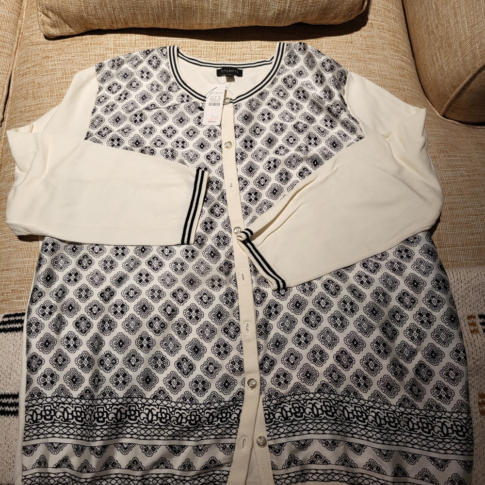 Talbots Black and Cream Printed Button-Up Cardigan